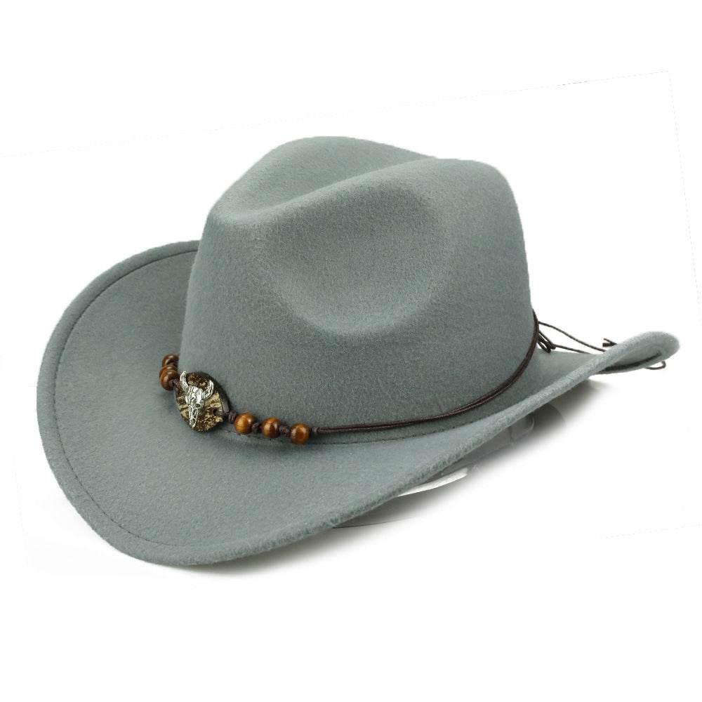 Western Cowboy Hat Wooden Bead Bull Head Fedora Hat - Mubimart