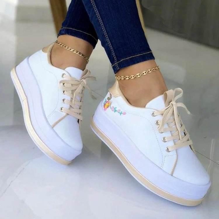 Flowers Embroidery Sneakers For Women Platform Shoes - Mubimart