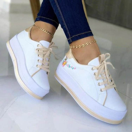 Flowers Embroidery Sneakers For Women Platform Shoes - Mubimart