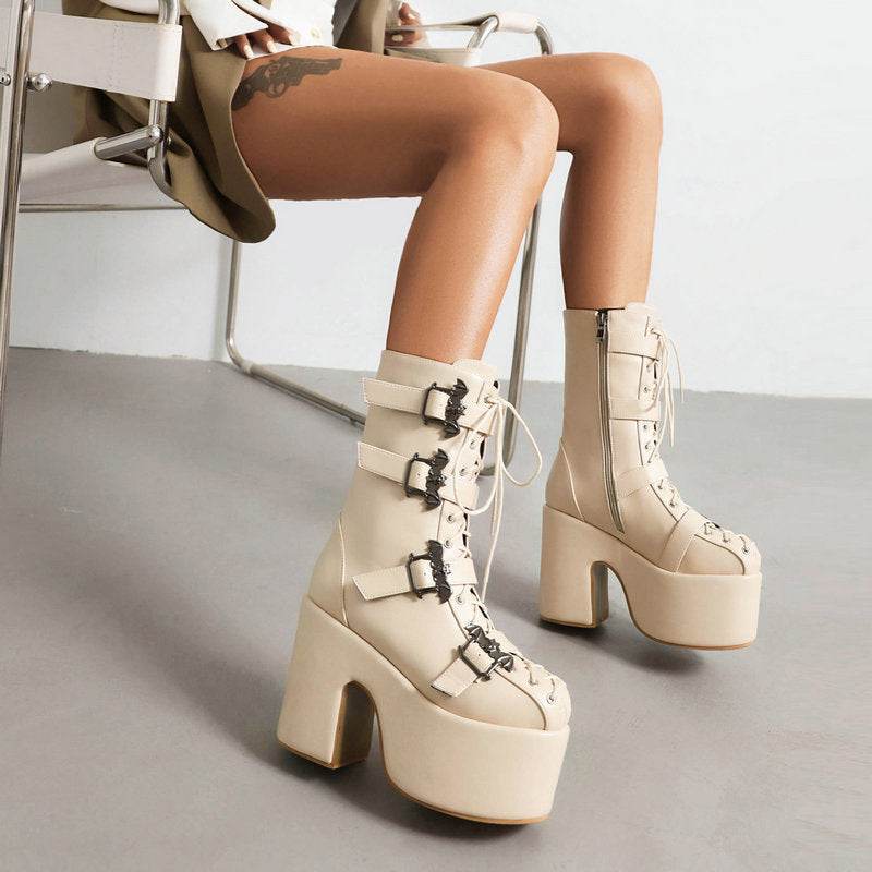 Hot Girl Punk Platform Martin Boots Women's Round Head Gothic Muffin Bottom Tall Knight Boots - Mubimart