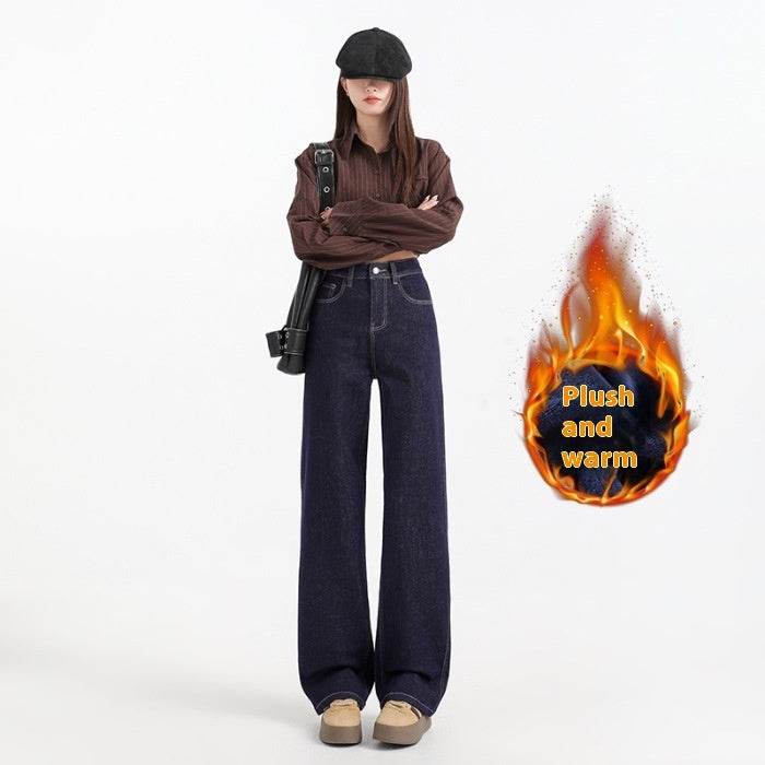 Fleece-lined Thickened Straight Jeans For Women - Mubimart