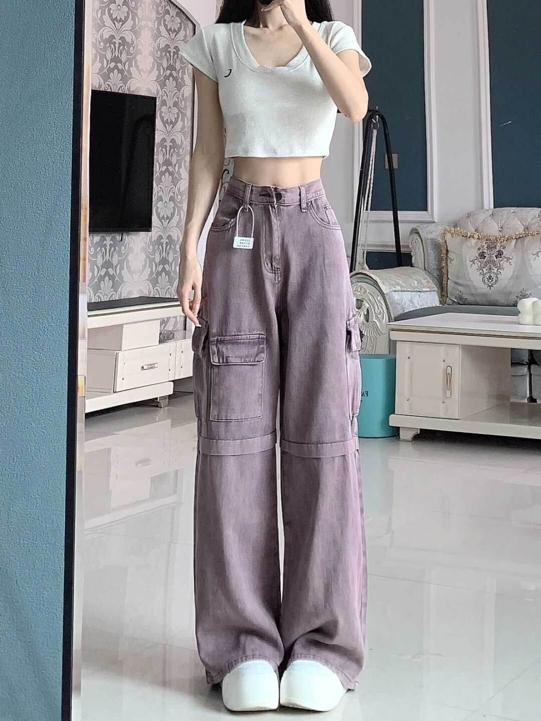 Retro Purple Cargo Jeans Women - Mubimart