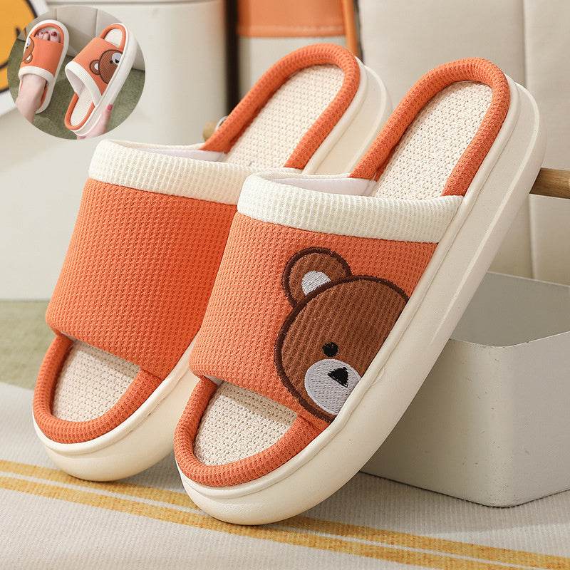 Cute Cartoon Bear Linen Slippers For Women Indoor Non-slip Sweat-absorbent Breathable Slip On Floor Bedroom Slipper House Shoes - Mubimart