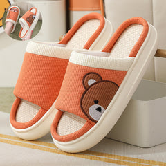 Cute Cartoon Bear Linen Slippers For Women Indoor Non-slip Sweat-absorbent Breathable Slip On Floor Bedroom Slipper House Shoes - Mubimart - Womens Slipper 