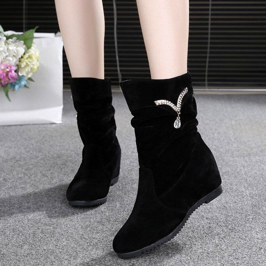 Women's Nubuck Wedge Long Suede Inner Booster Flat Tall Boots - Mubimart