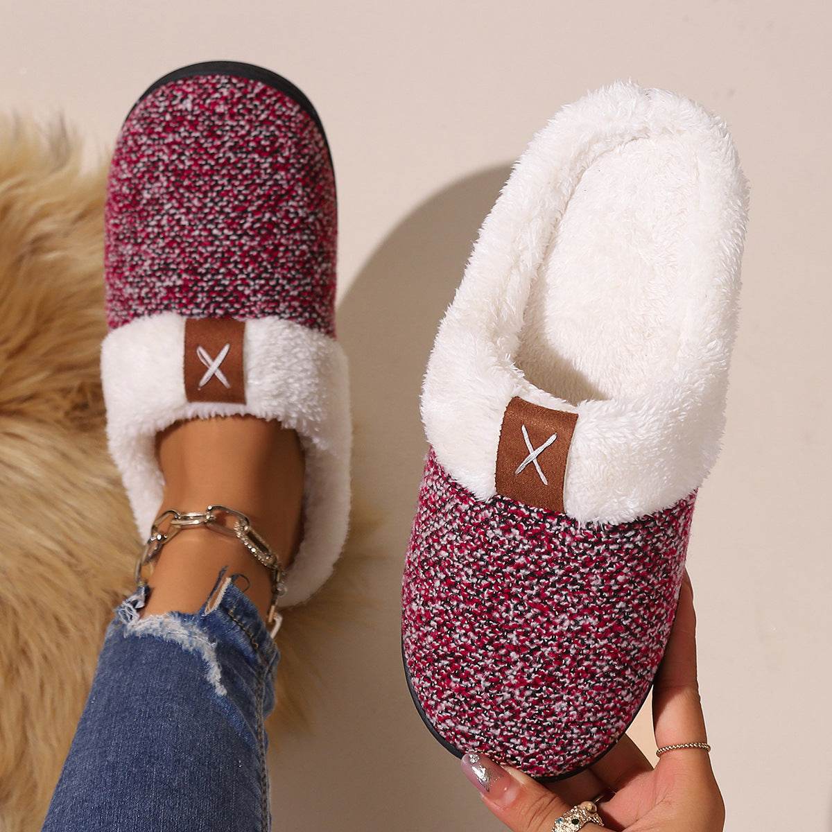 Winter Plush Slippers Fashion Thick Bottom Warm House Shoes For Women Men Indoor Bedroom Floor Slipper - Mubimart