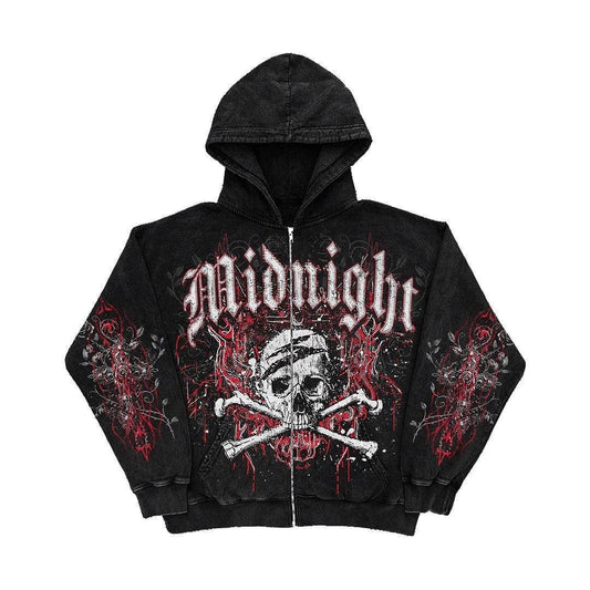 Female American Skeleton Printed Zipper Hoodie - Mubimart
