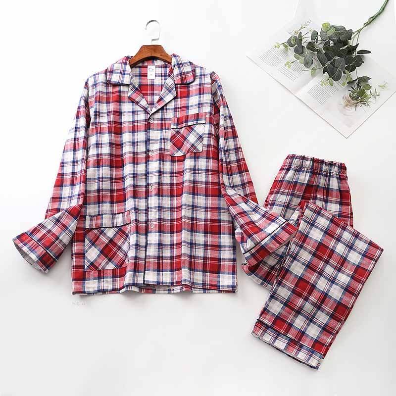 Long-sleeved Trousers And Brushed Plaid Pajama Set - Mubimart