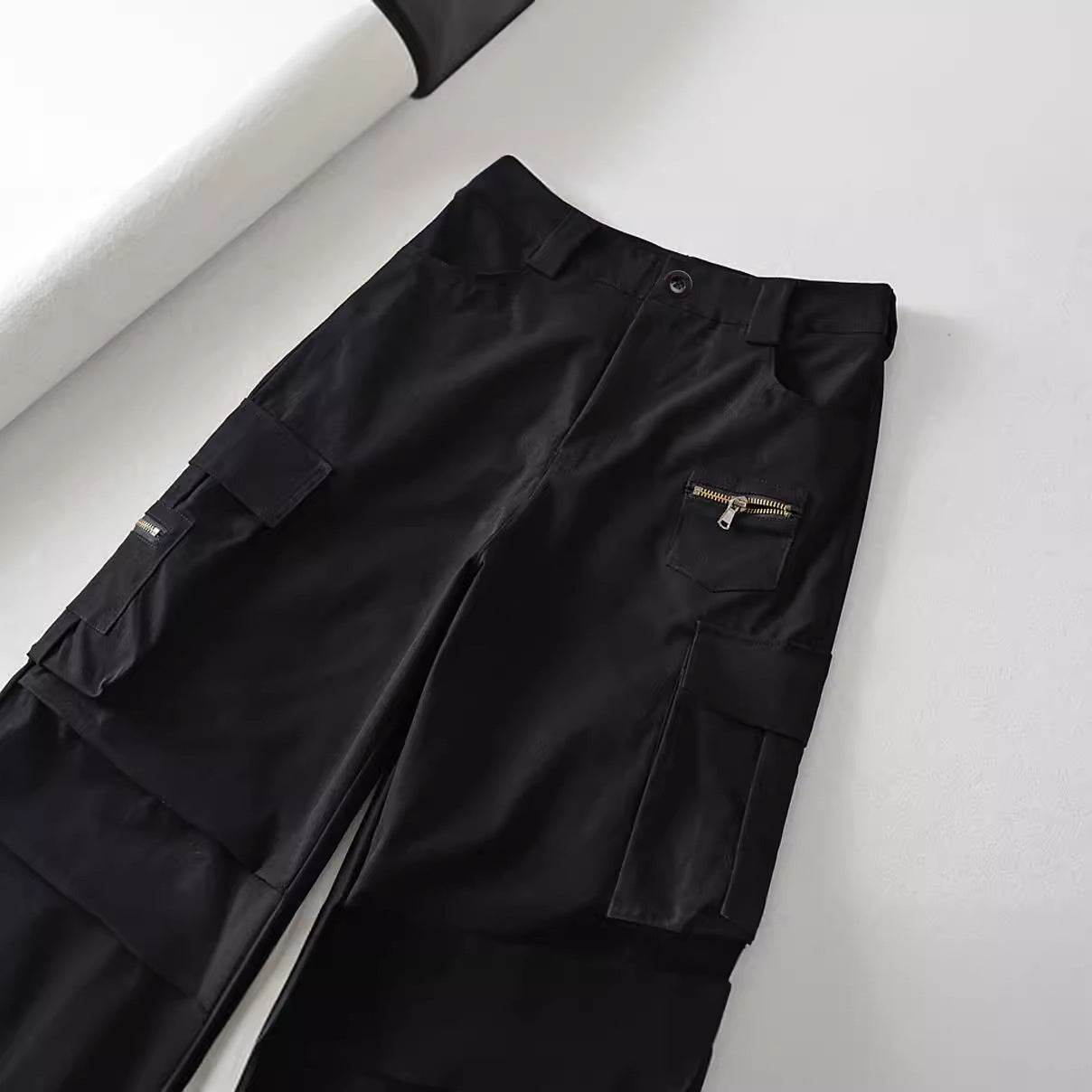 Retro High Waist Multi-pocket Cargo Pants Women - Mubimart