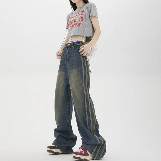 Vintage Stripe Wide Straight Jeans For Women - Mubimart