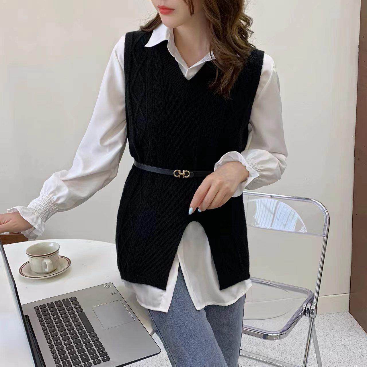 Wool Vest Knitted Vest Sweater Two-piece Set - Mubimart