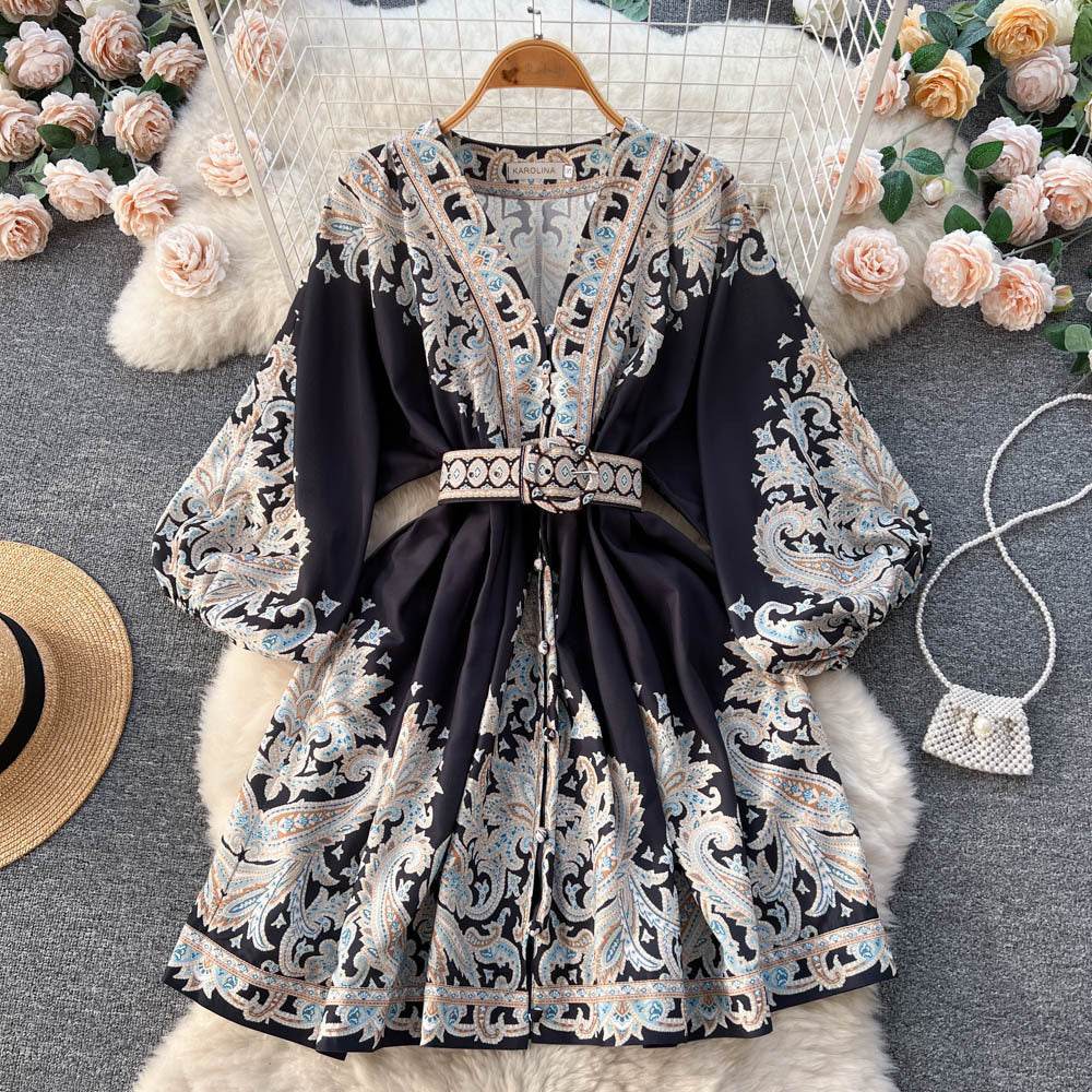 Printed Lantern Sleeve Midi Dress - Mubimart