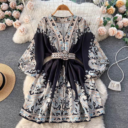 Printed Lantern Sleeve Midi Dress - Mubimart
