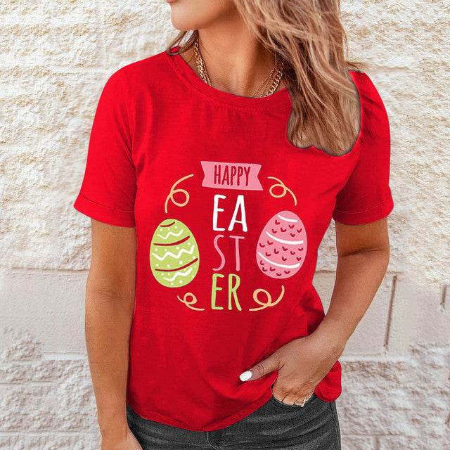 Shirts Women Easter Printed Casual Blouses Short Sleeve Tees - Mubimart