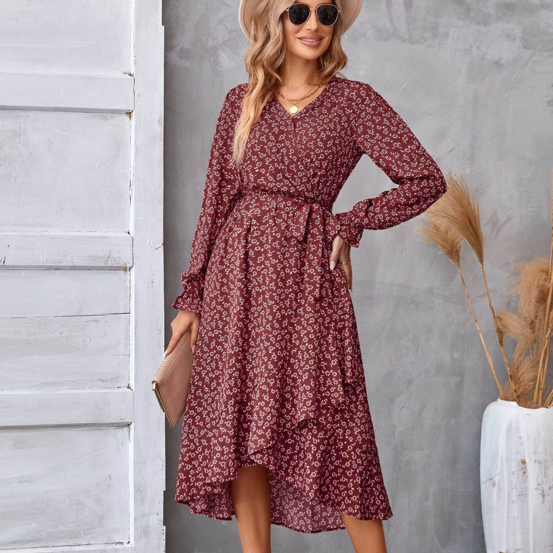 Flowers Print Long Sleeve Dress Fashion Ruffled Commuter Temperament Dresses Womens Clothing - Mubimart