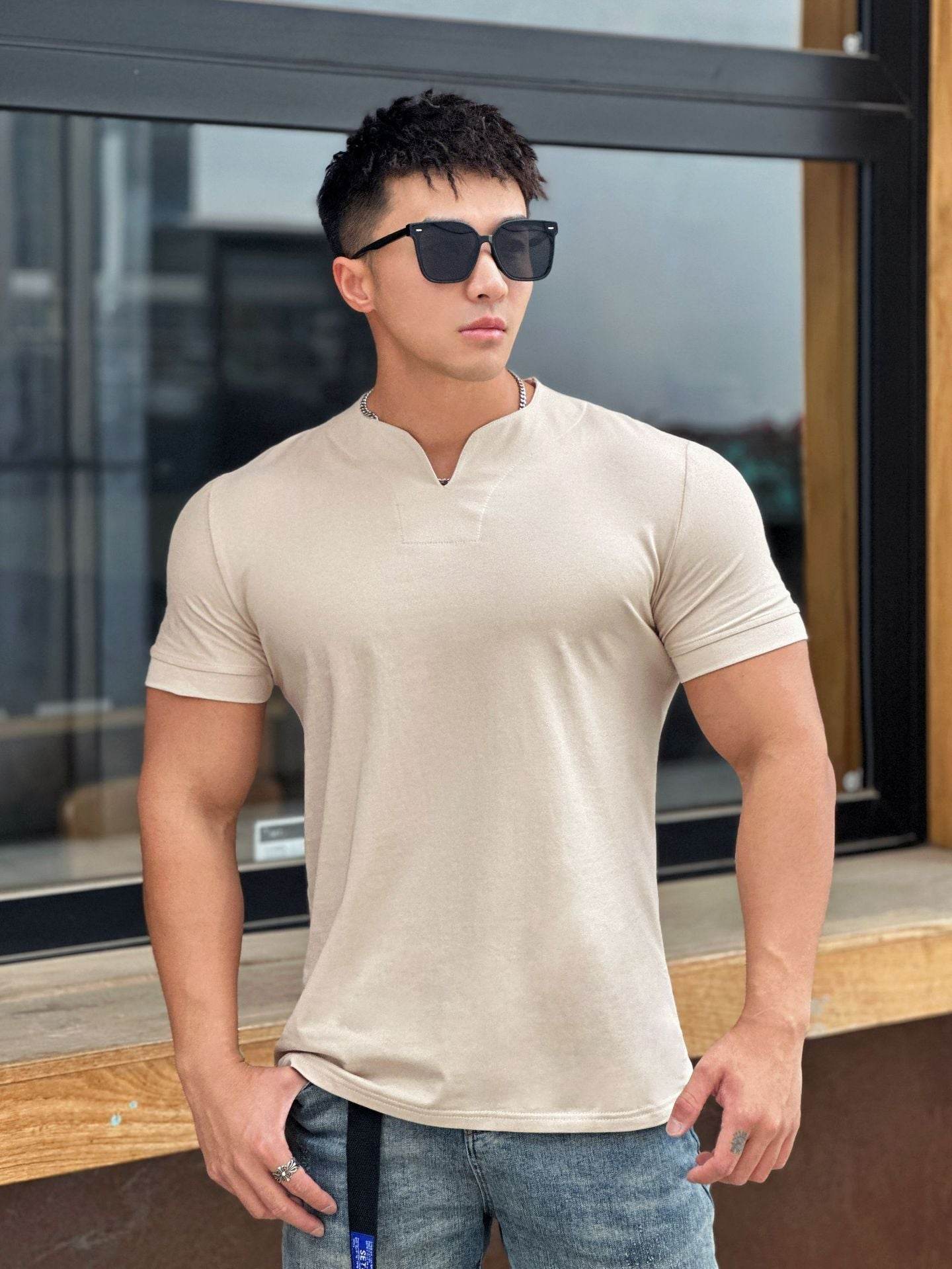 Men's Fashion Loose V-neck Short-sleeved Shirt Workout Exercise T-shirt - Mubimart