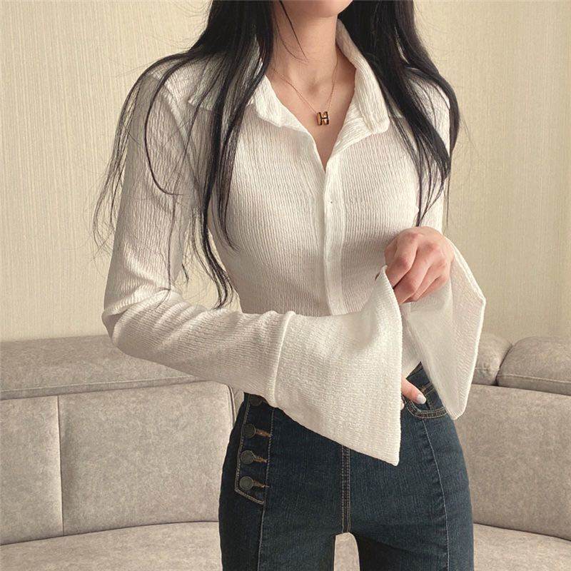 Long Sleeved Slim Lapel T-shirt For Women - Mubimart