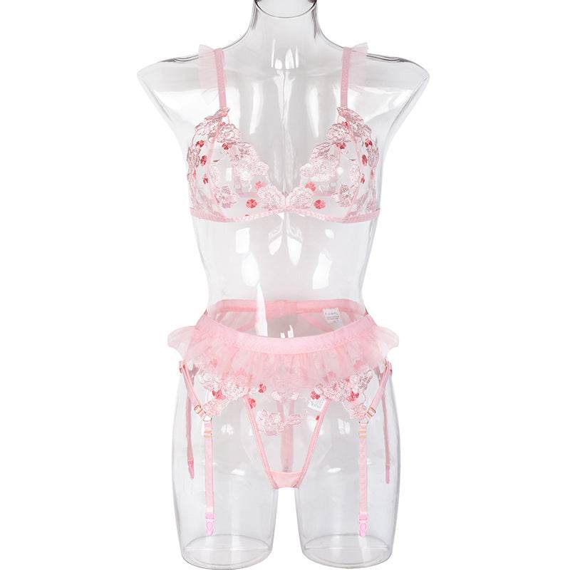 Three-piece Set Of Mesh Flower Perspective Stitching Garter Belt - Mubimart