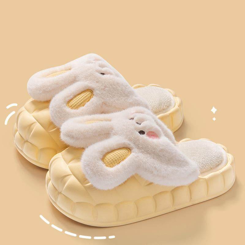 Cute Rabbit Shoes Winter Fuzzy Slippers Women Detachable Washable House Shoes - Mubimart