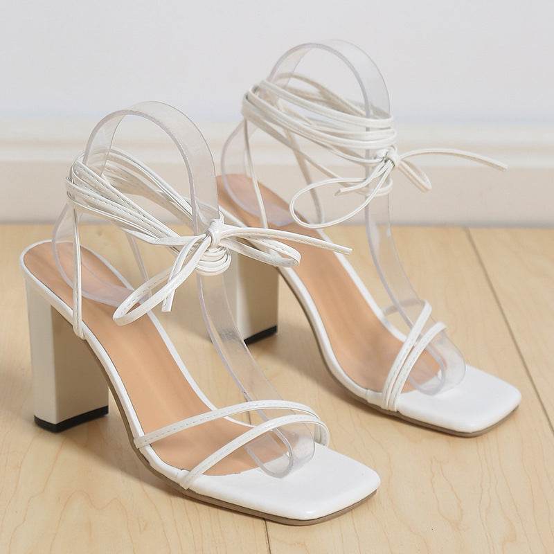 Women's Fashion Simple Square Head Strappy High Heels - Mubimart