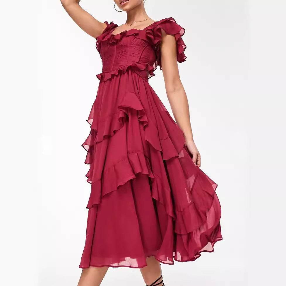 Summer Holiday Ruffled Short-sleeved Dress Fashion Backless Square Neck Long Dresses For Party Womens Clothing - Mubimart
