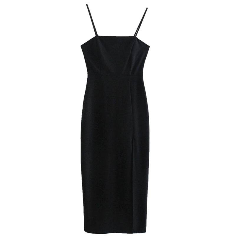 Slim Fit Black Slip Dress Midi - Mubimart