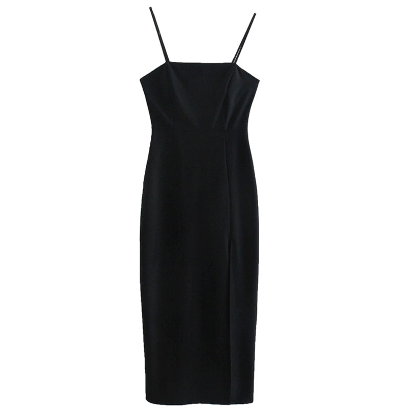 Slim Fit Black Slip Dress Midi - Mubimart -  