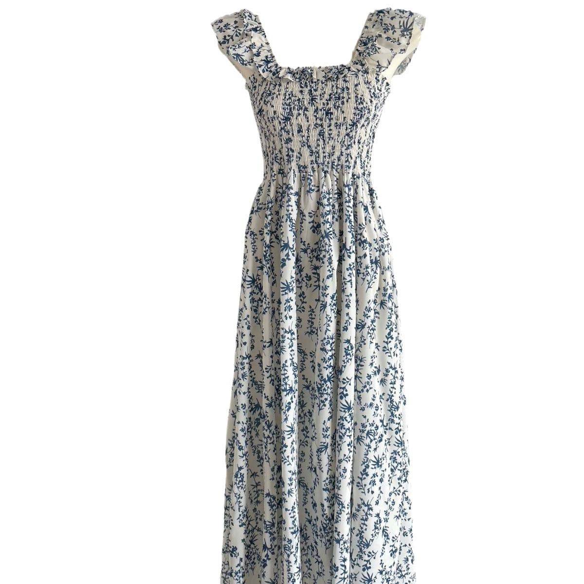 Blue Floral Slip Dress Flying Sleeve Vacation Dress - Mubimart