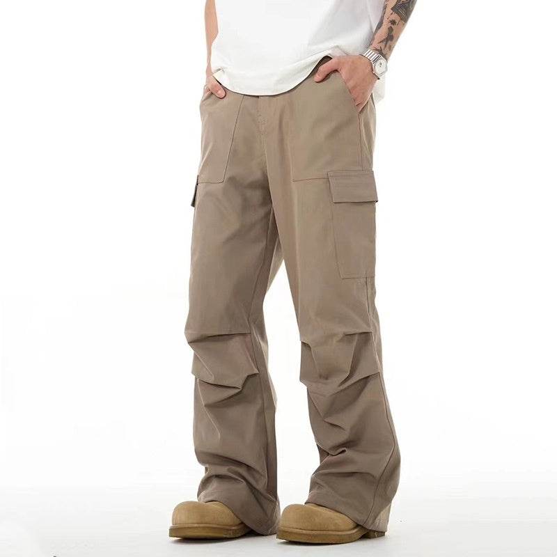 Khaki Pleated Loose Straight Casual Trousers - Mubimart