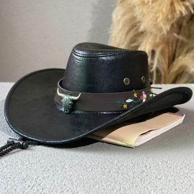 Wide Brim Cow Head Belt Embroidered Western Cowboy Hat Outdoor Tibetan Fedora - Mubimart
