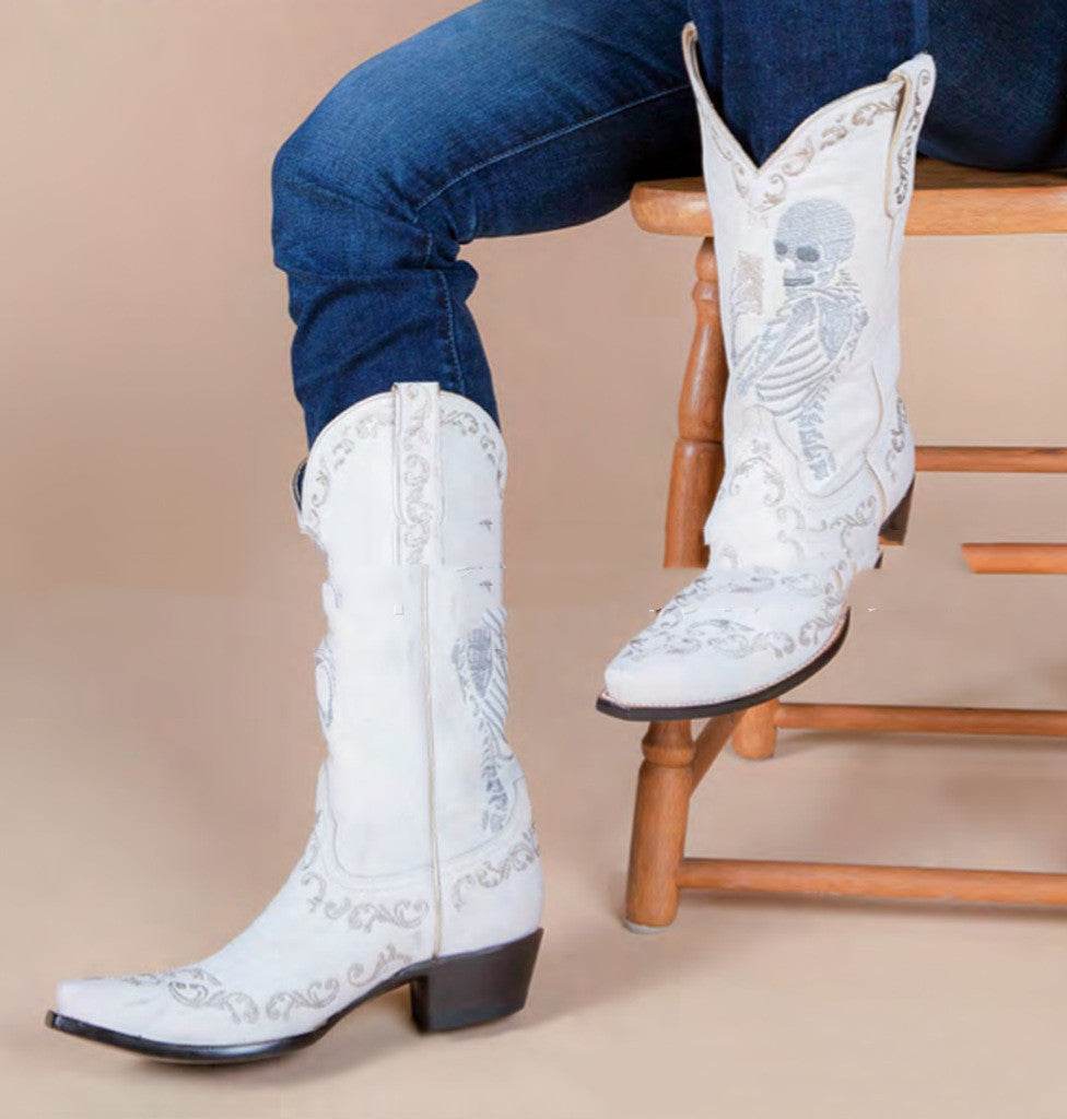 Skull Tall Pointed Toe Chunky Mid Heel Martin Boots - Mubimart