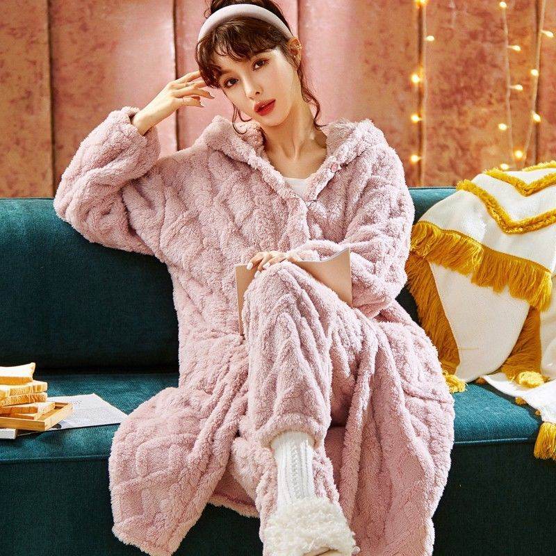 Long Flannel Robe Bathrobe Loungewear Set - Mubimart