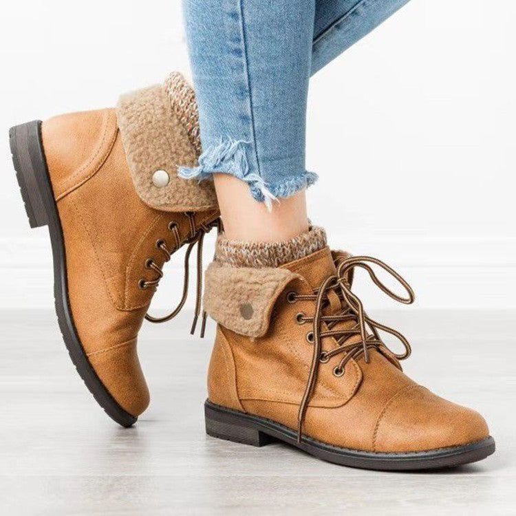 Frilled Booties With Front Lace Up And Low Heels