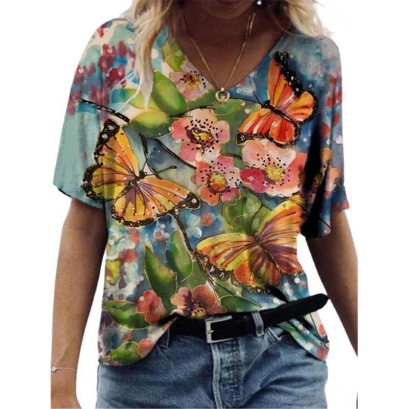 Flower Painting Printed T-shirt For Women - Mubimart