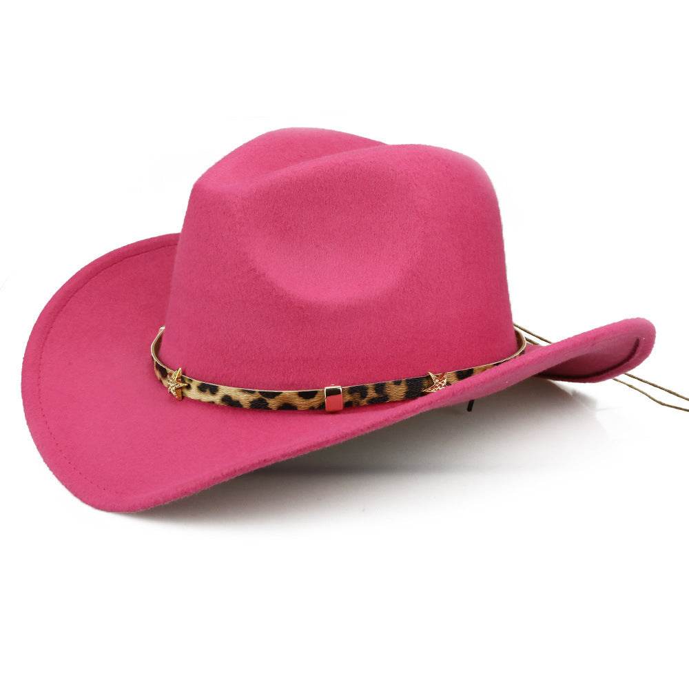 Leopard Print Five-pointed Star Belt Cowboy Hat Men's And Women's Autumn And Winter Woolen Fedora Hat Outdoor Knight Hat Western Cowboy Hat - Mubimart