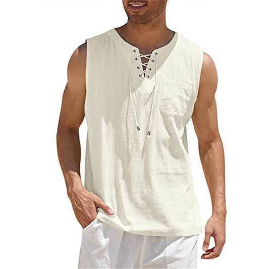 Summer Tank Vest Men Shirt Collar Tie Short Sleeve T-Shirt - Mubimart
