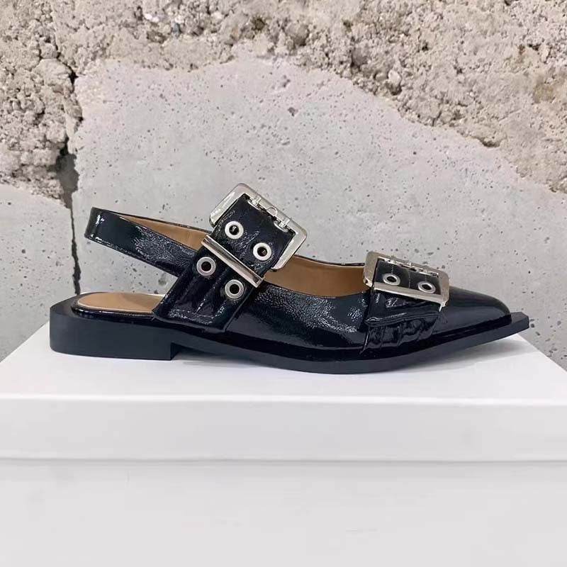 Pointed Toe Belt Buckle Mules Leather Flat Sandals - Mubimart