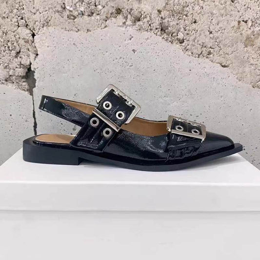 Pointed Toe Belt Buckle Mules Leather Flat Sandals - Mubimart
