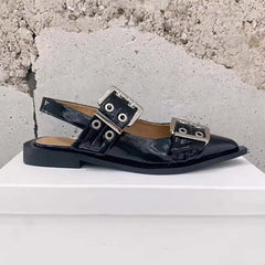 Pointed Toe Belt Buckle Mules Leather Flat Sandals