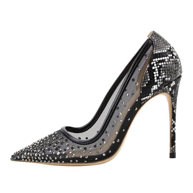 Black Net Rhinestone Snake Print High Heels Stiletto Sexy Pointy Shallow Mouth Work Shoes Trend - Mubimart
