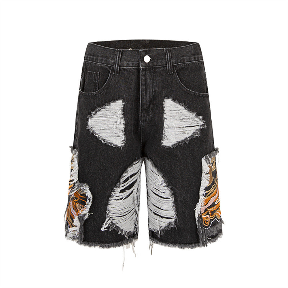 Heren Heavy-Duty Ripped Geborduurde Denim Shorts