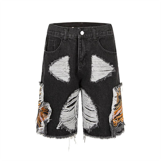 Mens Heavy-duty Ripped Embroidered Denim Shorts - Mubimart