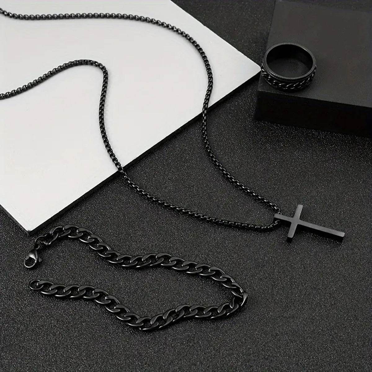 Men's Cross Necklace Ring Bracelet Suit - Mubimart