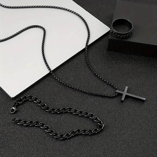 Men's Cross Necklace Ring Bracelet Suit - Mubimart