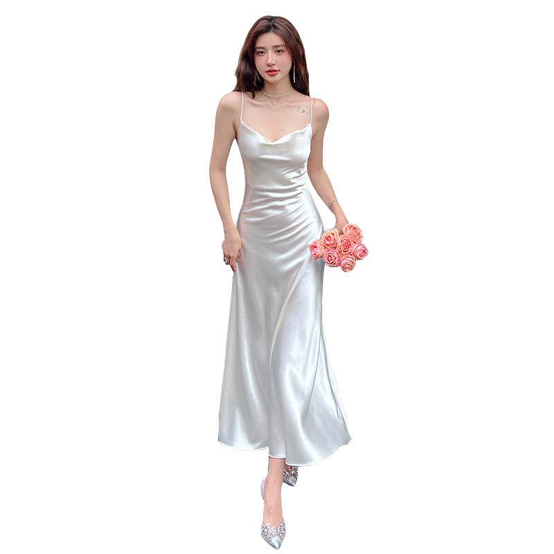 Acetate Strap Fairy Satin Sleeveless Dress Formal Dress - Mubimart