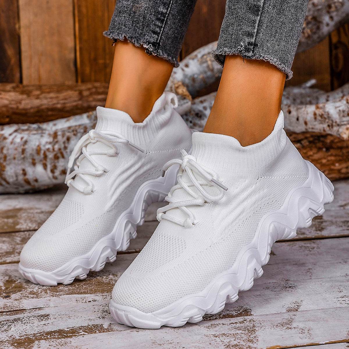 Lace-up Sneakers Lightweight Breathable Mesh Shoes Slip-on Running Walking Shoes For Women - Mubimart