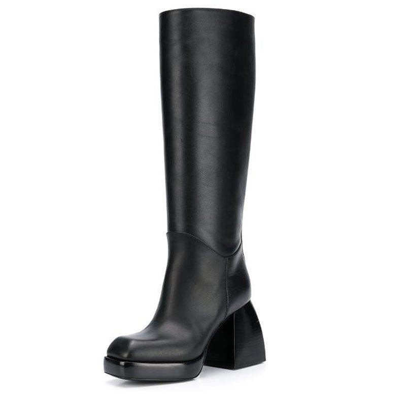 Thick High-heeled Platform Catwalk Boots, Leather Square Toe Boots - Mubimart