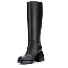 Thick High-heeled Platform Catwalk Boots, Leather Square Toe Boots