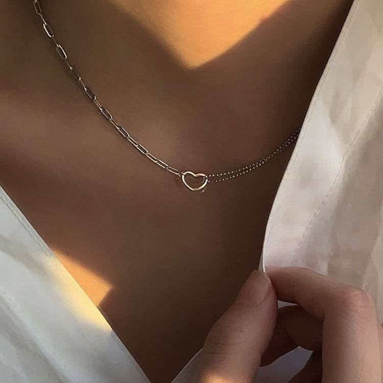 Heart Asymmetrical Chain Silver Necklace For Women - Mubimart