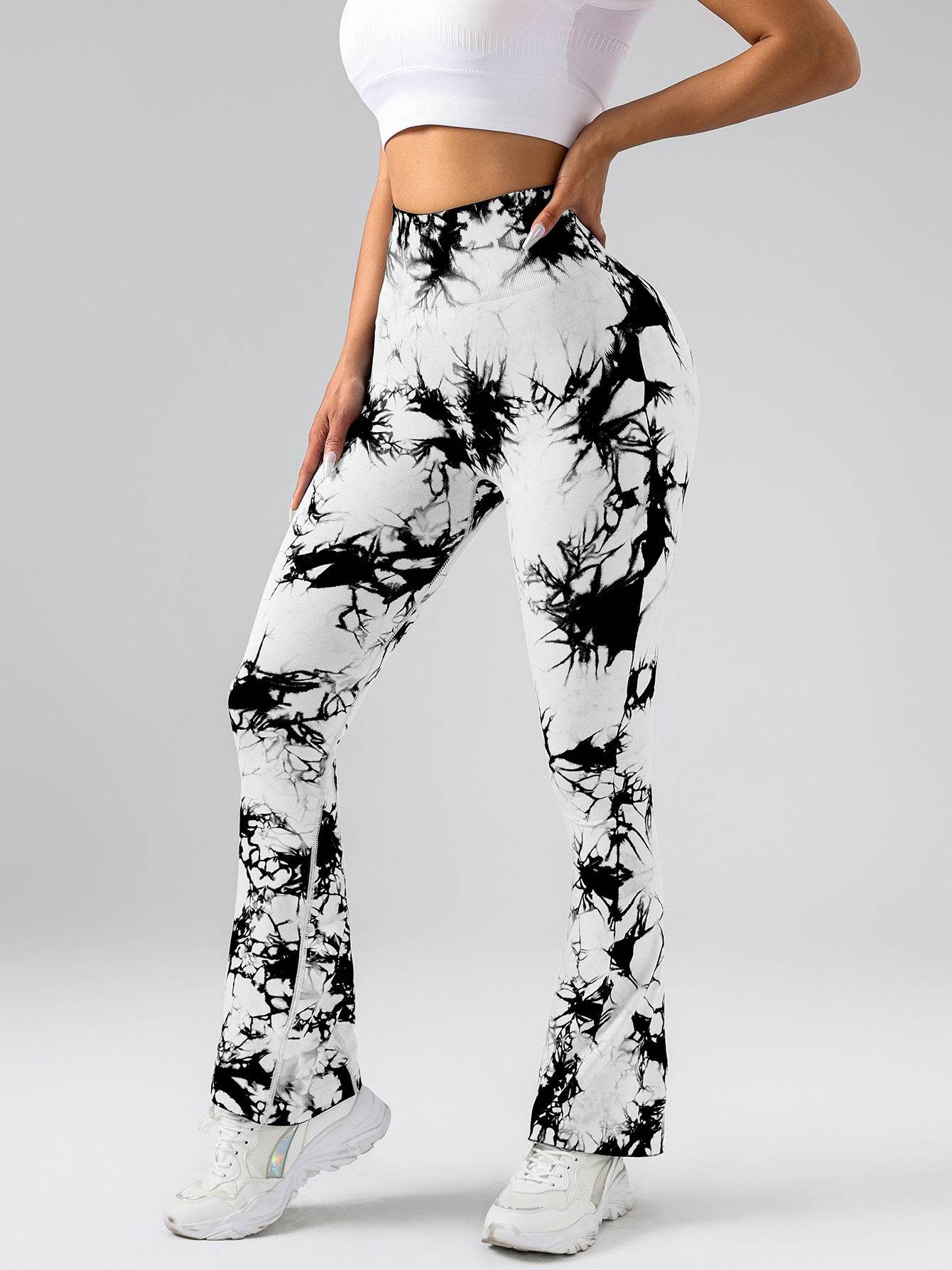 High-Waist Tummy Control Flare Yoga Pants For Women, Tie-Dye Stretch Slimming Bootcut Workout Pants, Fitness & Sports Activewear - Mubimart